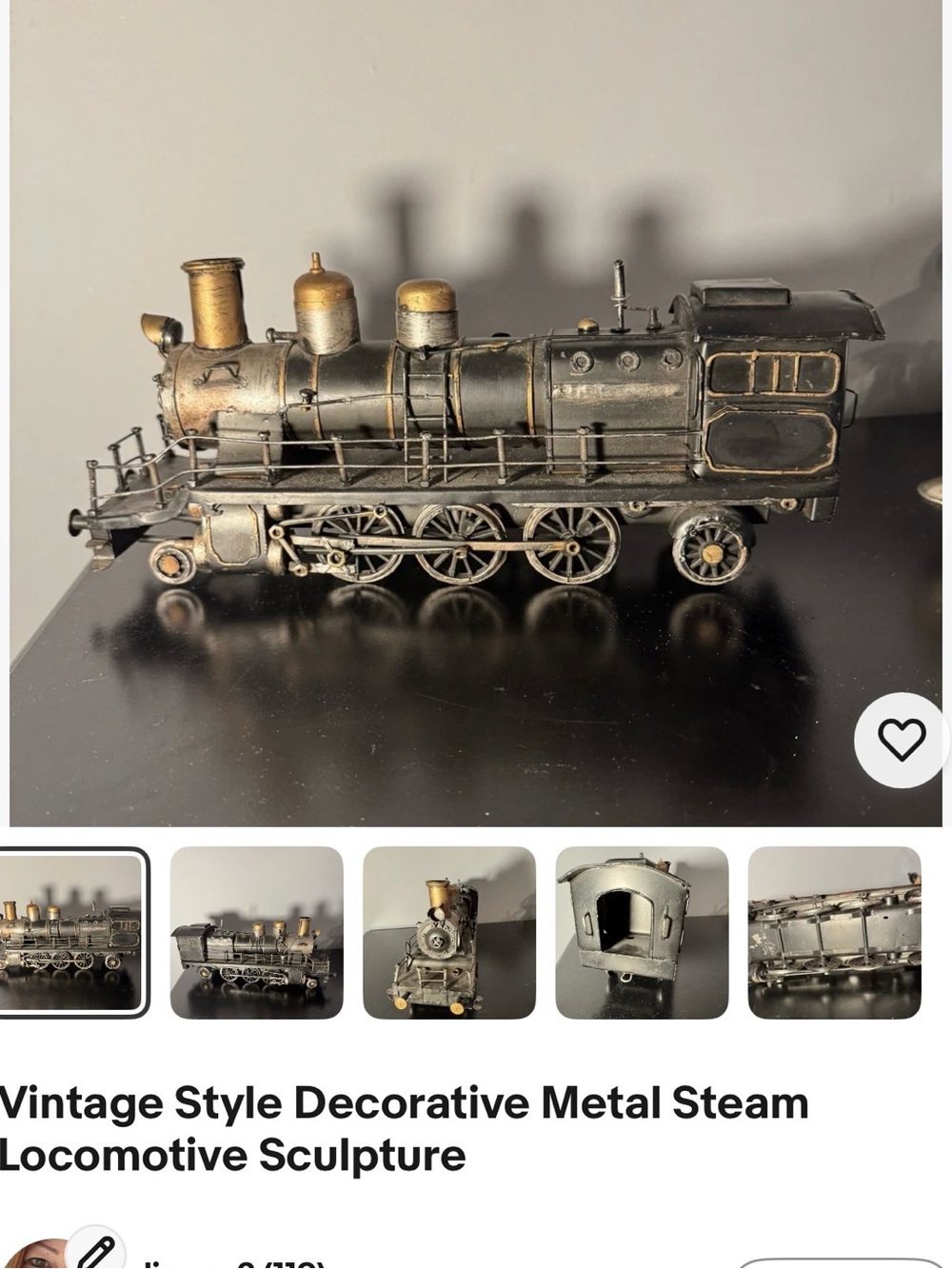 Vintage-Style Metal Steam Locomotive Sculpture - Black & Gold Accents
